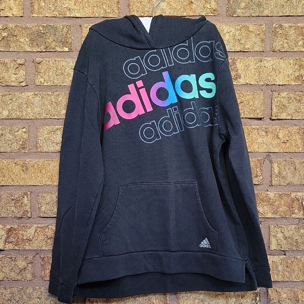 Adidas Black Hoodie with Colorful Logo Size 14 (Girl) Large Casual Cozy Athletic